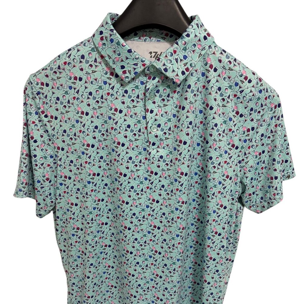 1764 Golf Polo Shirt Mens Size Large Alcohol Drinks Pattern Stretch